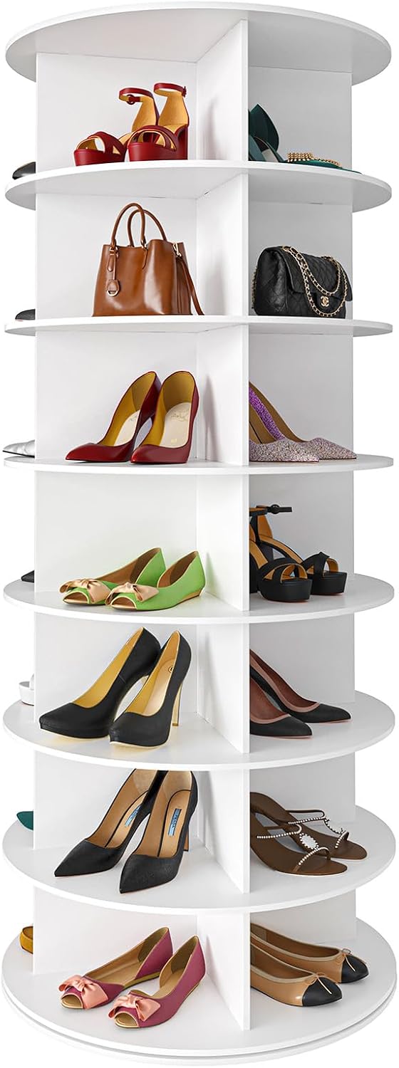 7 Tier Rotating Shoe Rack Tower, Spinning Shoe Display, Revolving 360 Shoe Rack Storage Round Carousel, Vertical Handbag Rotate Shoes Closet Organization White